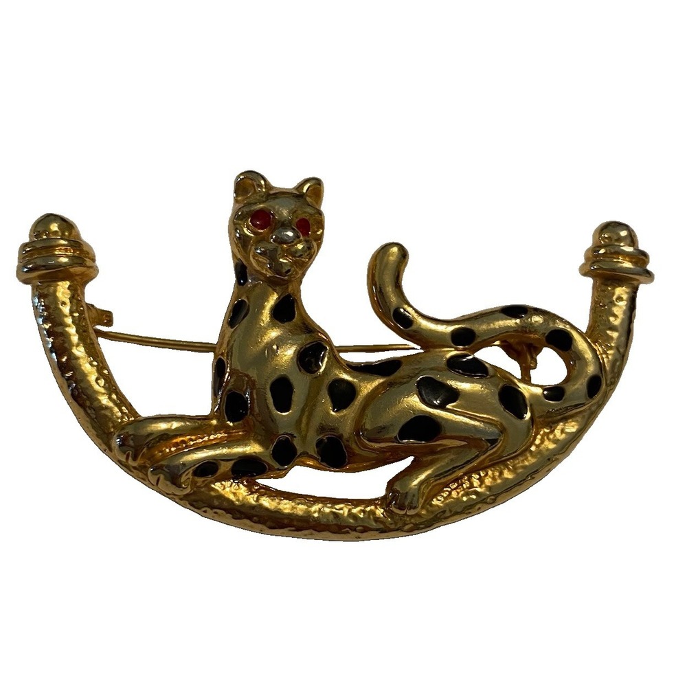 Vintage Gold Tone Black Enamel Panther Leopard Cat Brooch Pin Red Eye Cougar